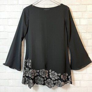 Marciano Black Long Bell Sleeve Sequin Silver Roses Dress XS